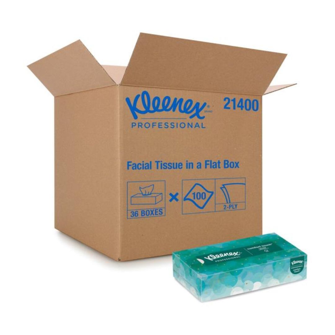 A large flat box of KLEENEX Professional facial tissues, with a label indicating the product size of 36 boxes and a count of 100 sheets per box.